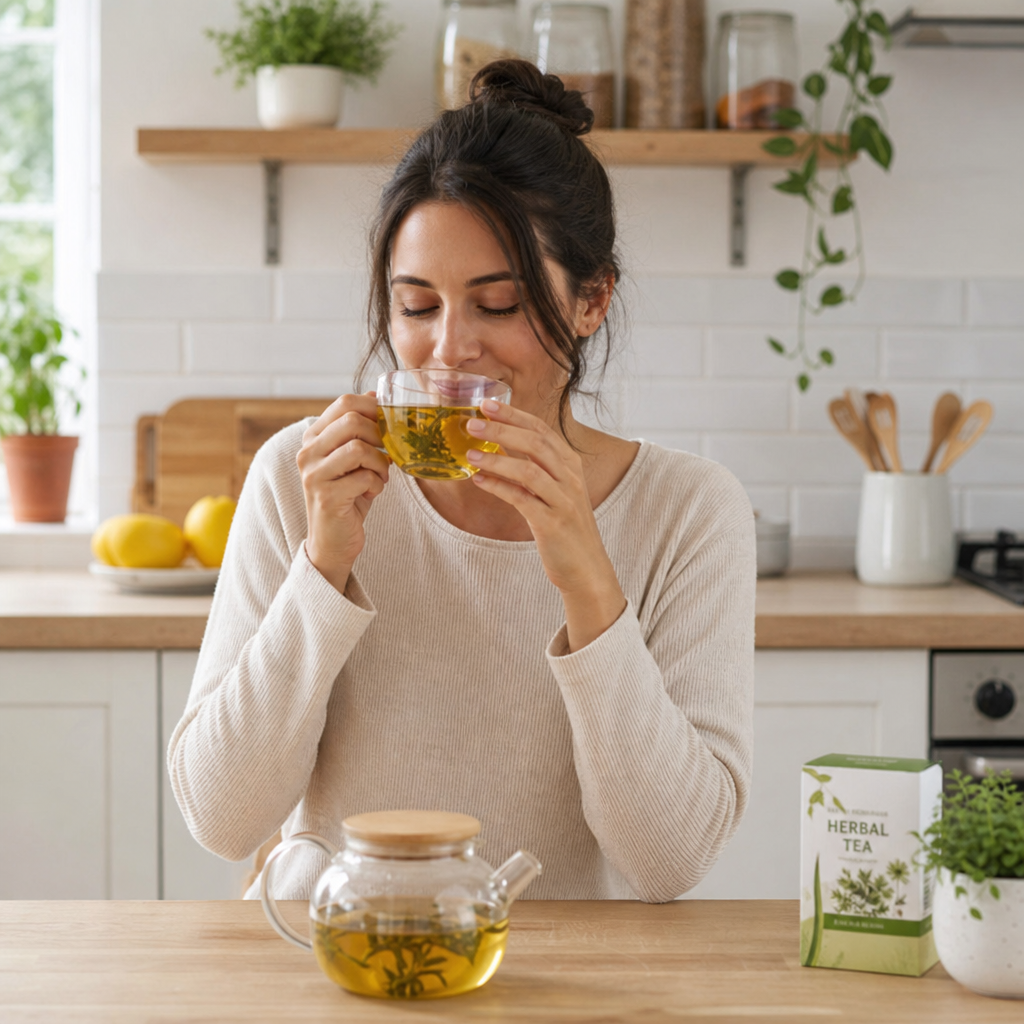 Woman drinking herbal tea in a bright kitchen