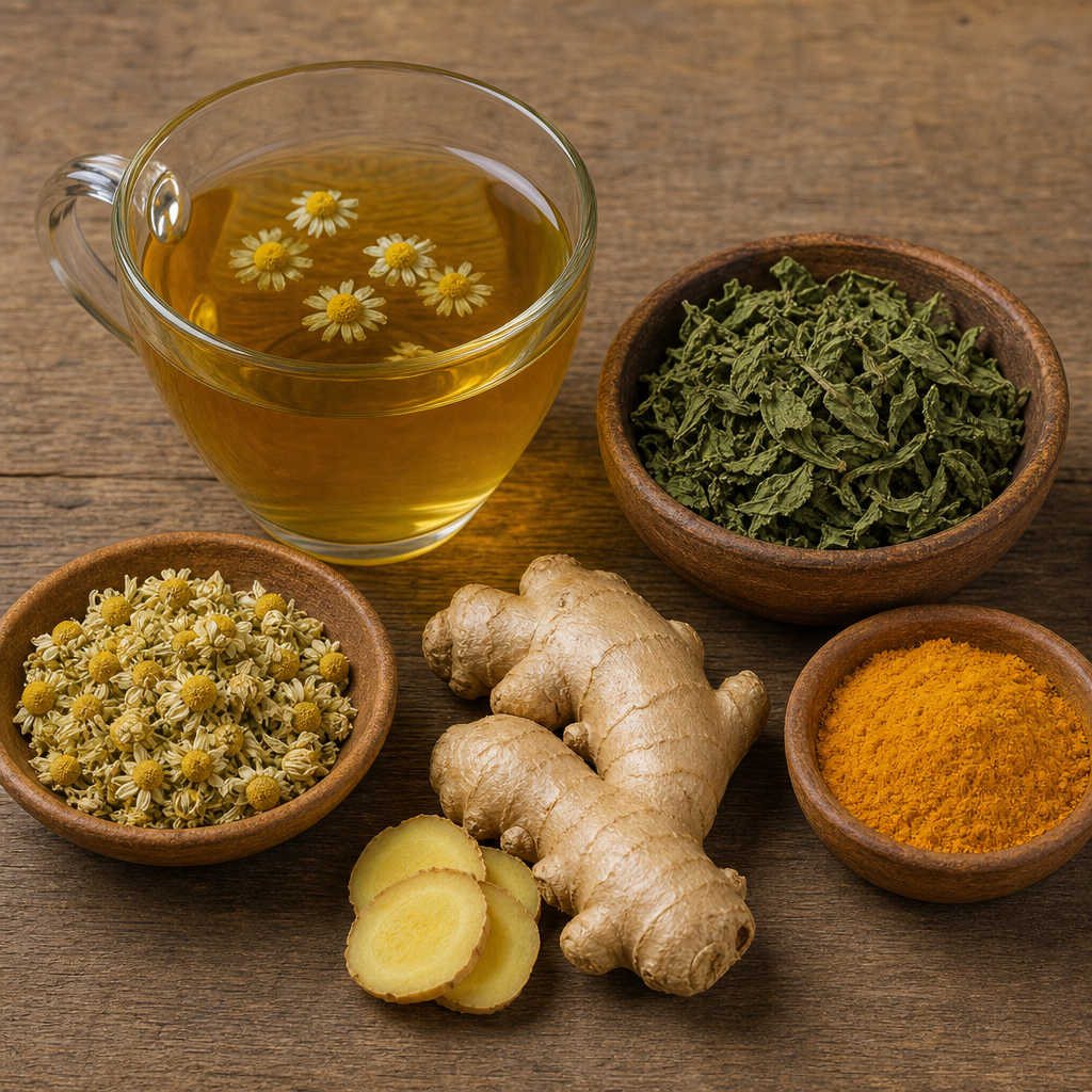 chamomile tea, dried peppermint, ginger root, and turmeric powder on a wooden table