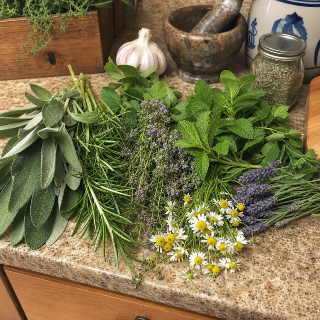 assorted fresh healing herbs arranged on a kitchen counter
