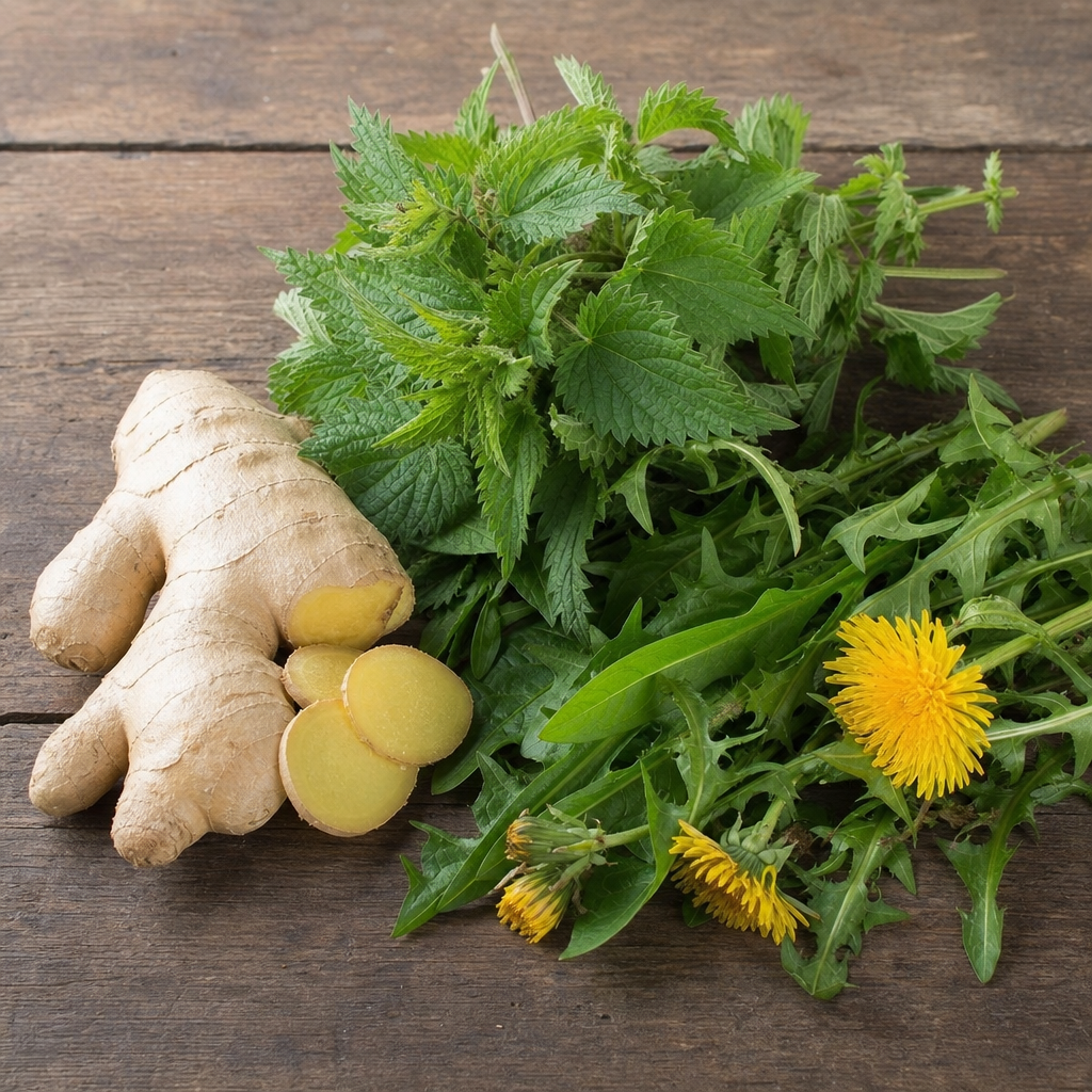 Fresh ginger, nettle, and dandelion herbs on a wooden rustic table