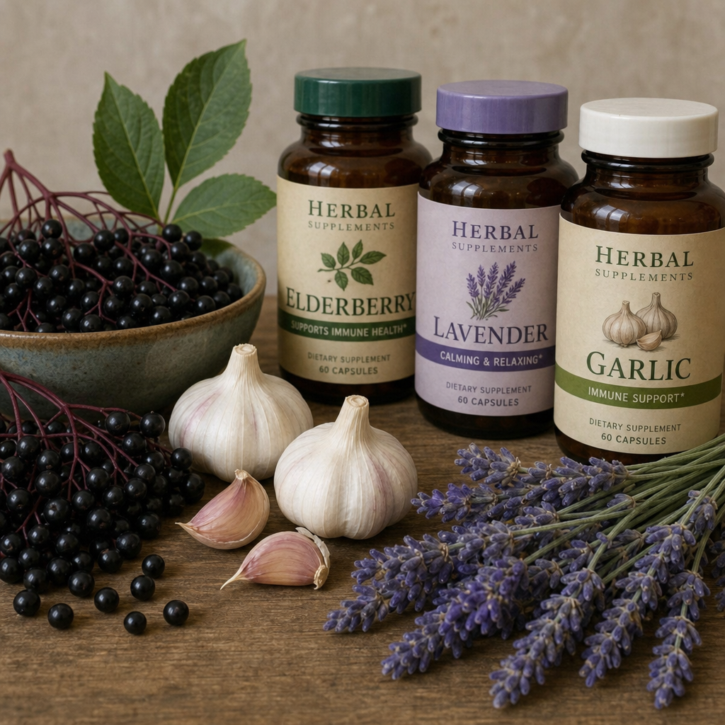 elderberries, garlic bulbs, lavender sprigs, and labeled herbal supplement bottles